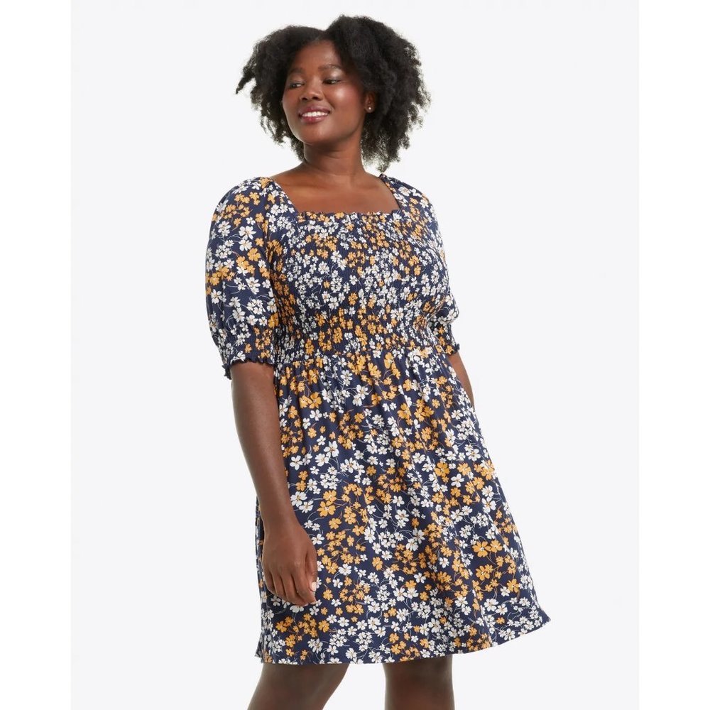 DRAPER JAMES Navy Floral Smocked Top Knee Length Dress sz. XXL